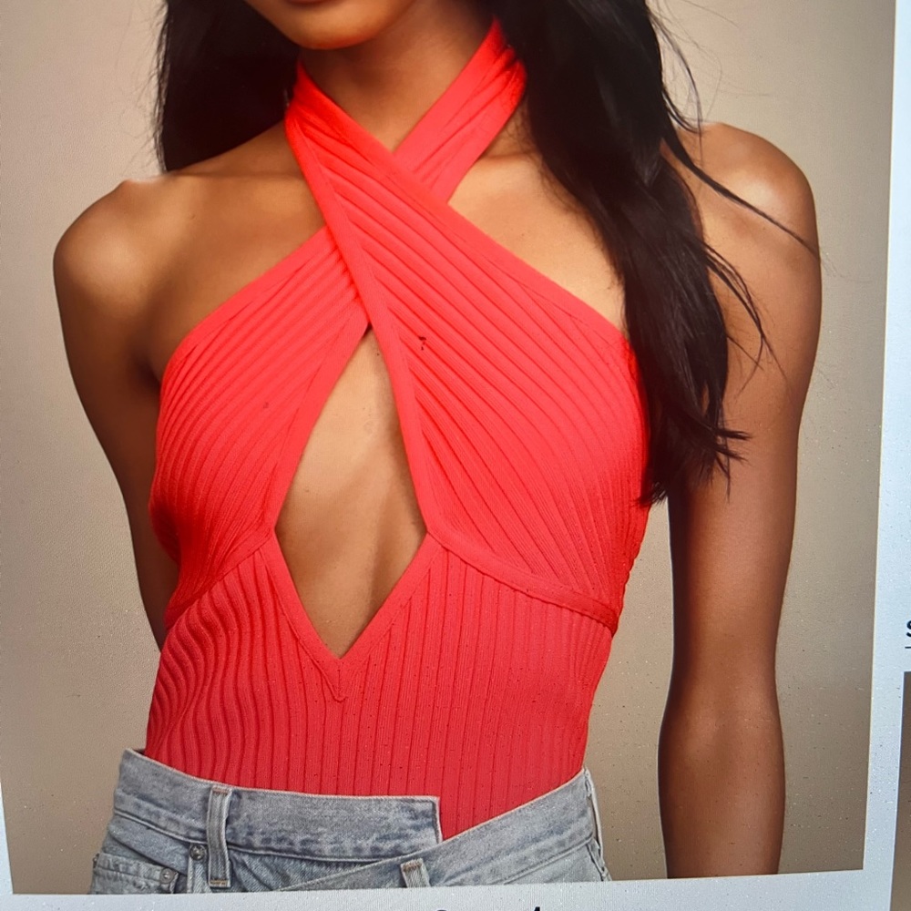 Lulu's Red Ribbed Crisscross Halter Bodysuit
